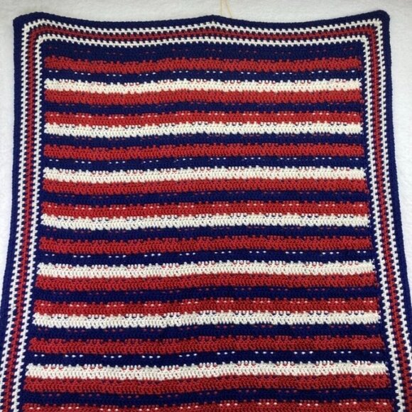 Vintage Crocheted Afghan 54" x 38"Throw Blanket Patriotic Red White Blue - Picture 7 of 11
